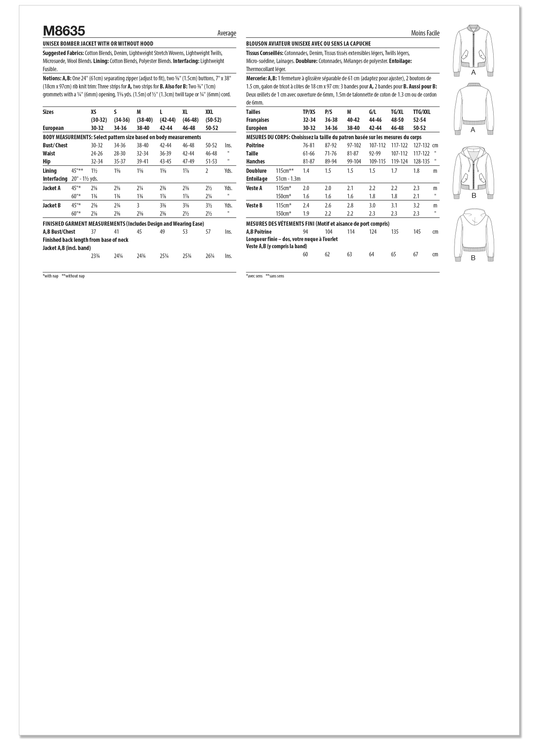 McCalls Schnittmuster M8635 – Unisex Bomberjacke mit oder ohne Kapuze