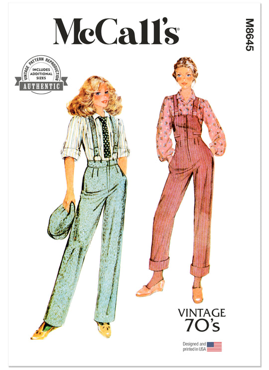 McCalls Vintage Schnittmuster M8645 – Damen Latzhose, Hose & Bluse 1970er Jahre