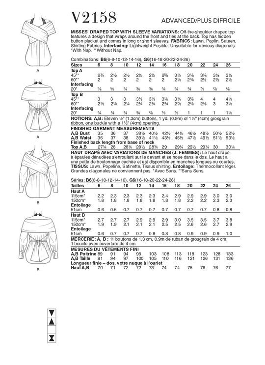 Vogue Schnittmuster V2158 – Damen drapiertes Oberteil mit Ärmelvarianten