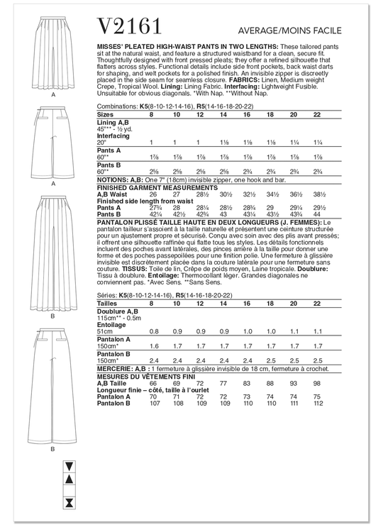 Vogue Schnittmuster V2161 – Damen Hose mit hoher Taille in zwei Längen