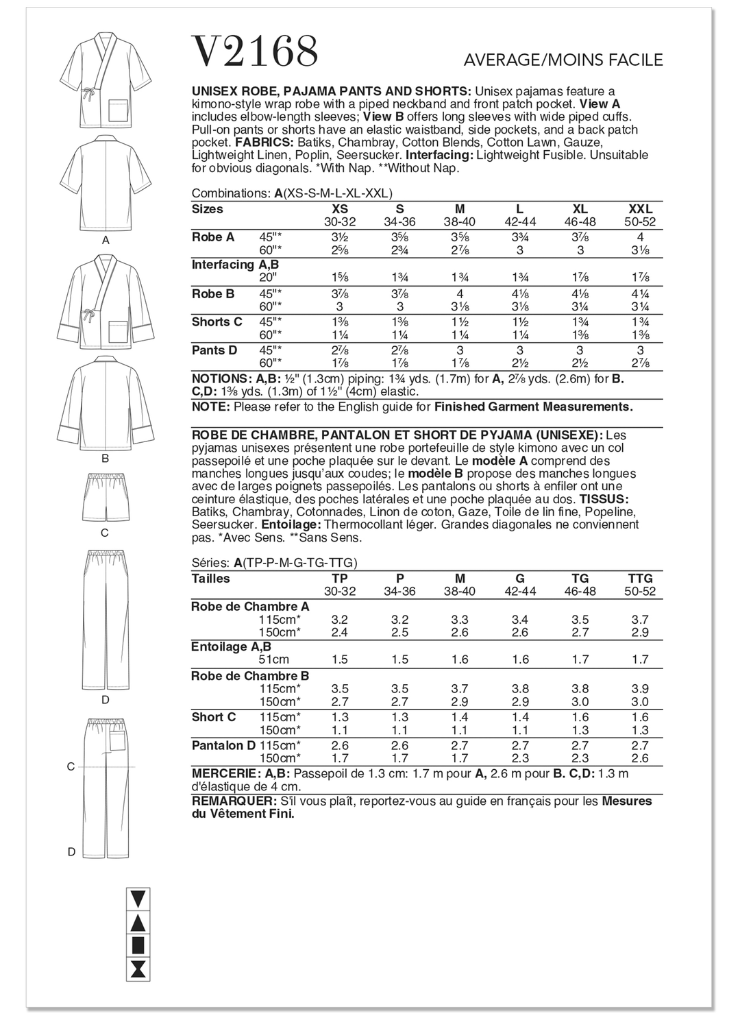 Vogue Schnittmuster V2168 Unisex-Morgenmantel, Pyjamahose und Shorts