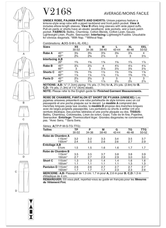 Vogue Schnittmuster V2168 Unisex-Morgenmantel, Pyjamahose und Shorts
