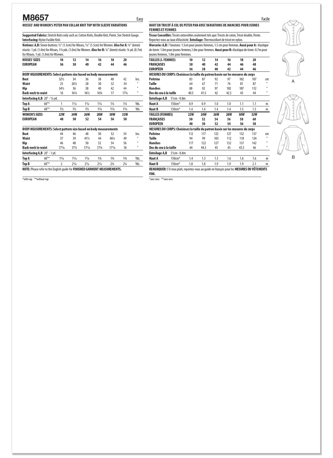 McCalls Schnittmuster M8657 – Damen Strickoberteil mit Peter-Pan-Kragen