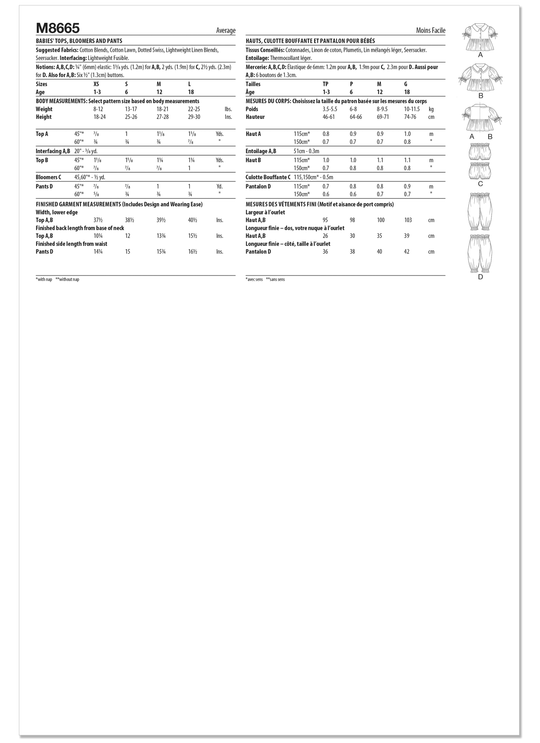 McCalls Schnittmuster M8665 – Baby-Oberteile, Bloomers & Hosen