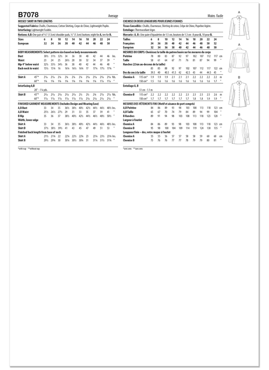 Butterick Schnittmuster B7078 – Damen Hemdbluse in zwei Längen