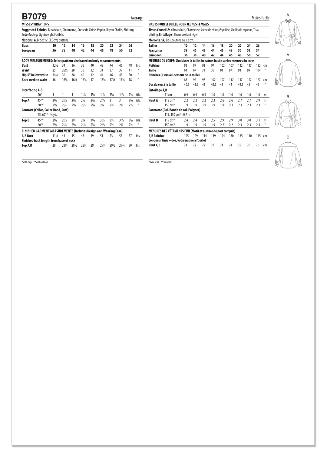 Butterick Schnittmuster B7079 – Damen Wickelbluse mit Drapierung