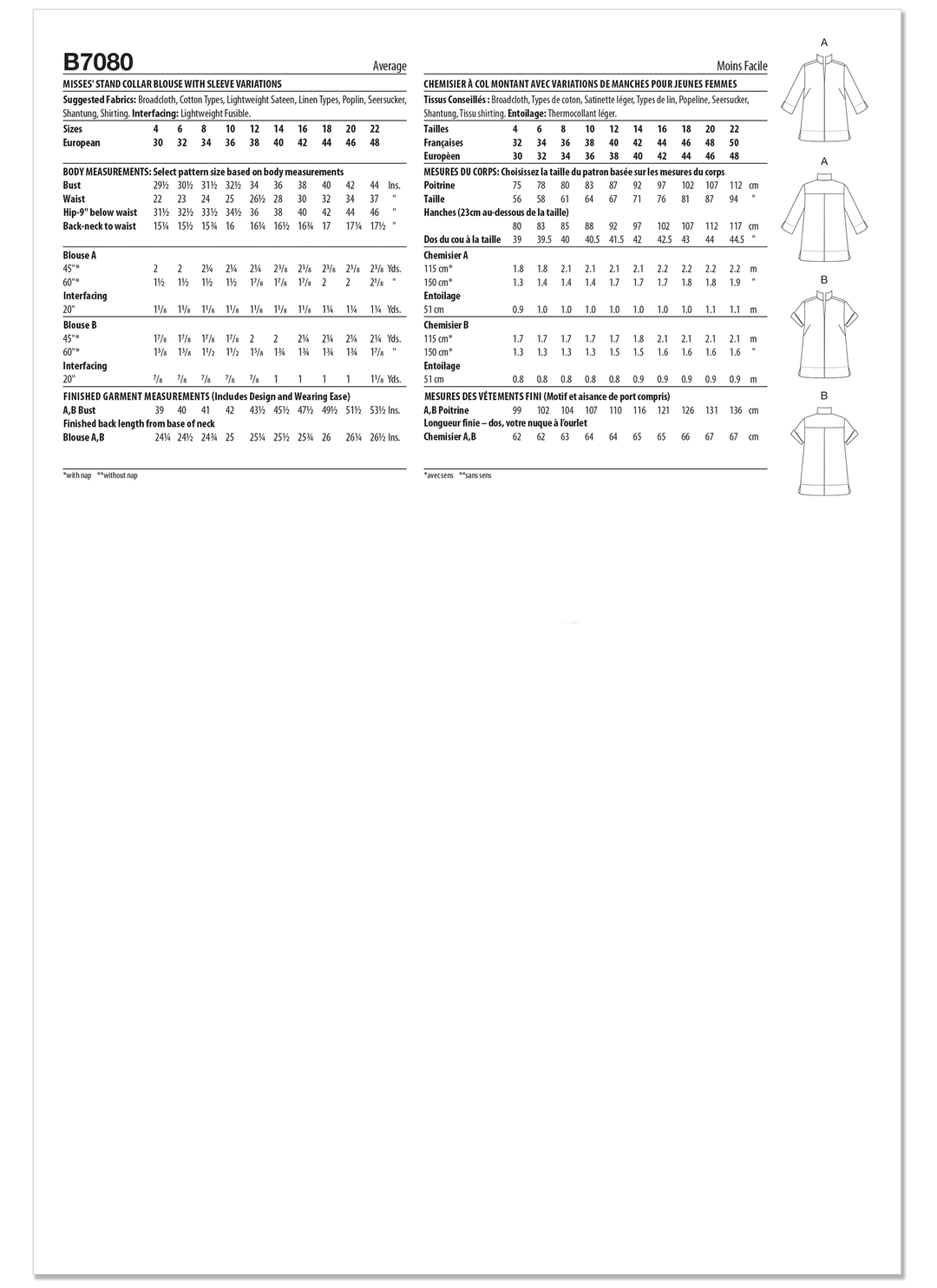 Butterick Schnittmuster B7080 – Damen Bluse mit Stehkragen
