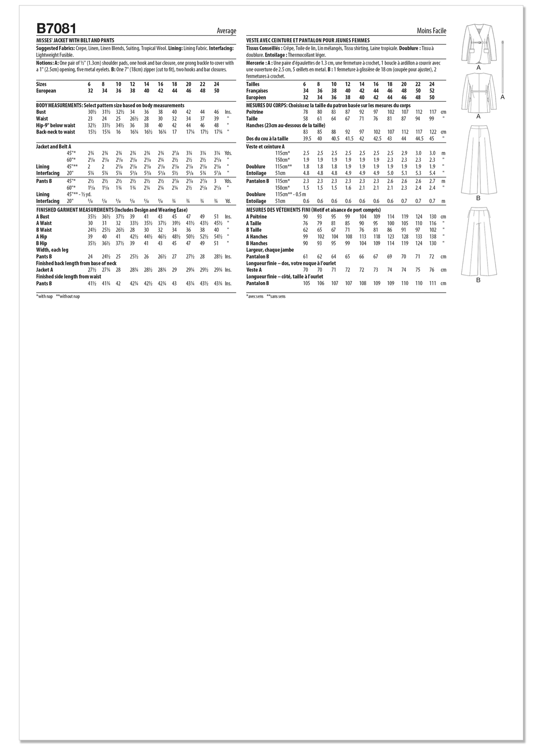 Butterick Schnittmuster B7081 – Damen Jacke mit Gürtel & Hose