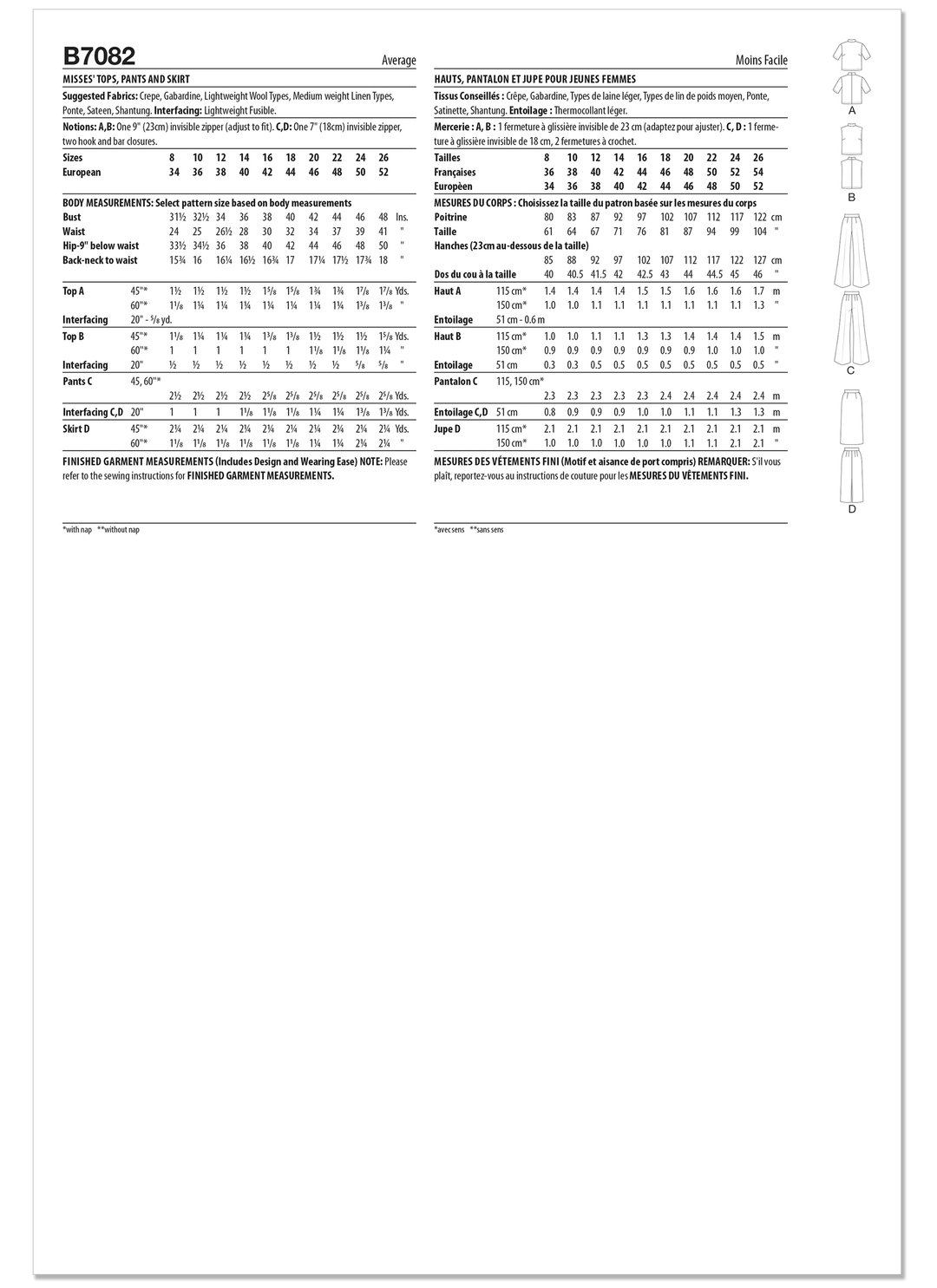 Butterick Schnittmuster B7082 – Damen Oberteil, Hose & Bleistiftrock