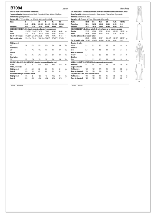 Butterick Schnittmuster B7084 – Damen Nachthemd & Morgenmantel