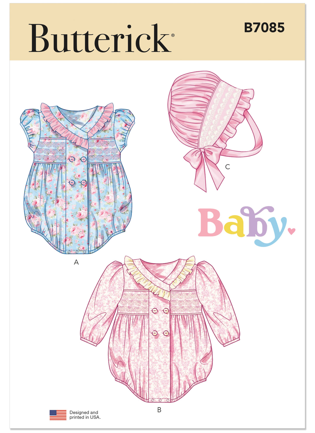 Butterick Schnittmuster B7085 – Baby-Strampler & Mütze im Vintage-Stil