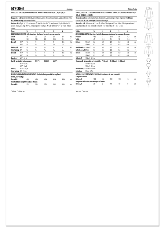 Butterick Schnittmuster B7086 – Kleinkinderkleid, Höschen & Mütze