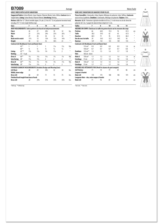 Butterick Schnittmuster B7089 – Mädchenkleid mit Ärmelvarianten