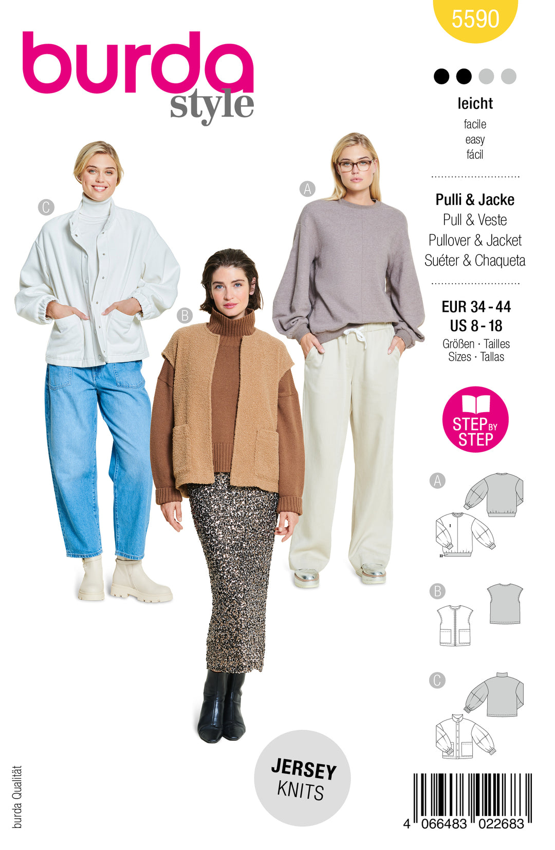 Burda Schnittmuster 5590 – Damen Pullover, Teddy-Weste & Jacke
