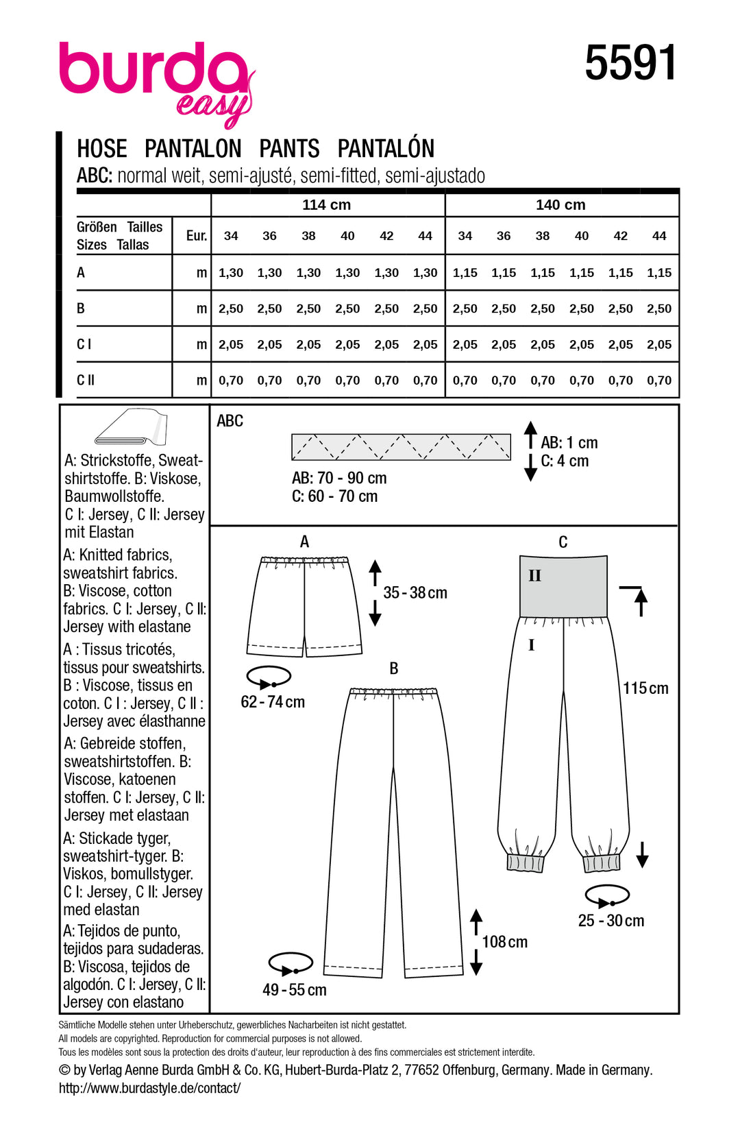 Burda Schnittmuster 5591 – Damen Jogginghose, Pyjamahose & Shorts