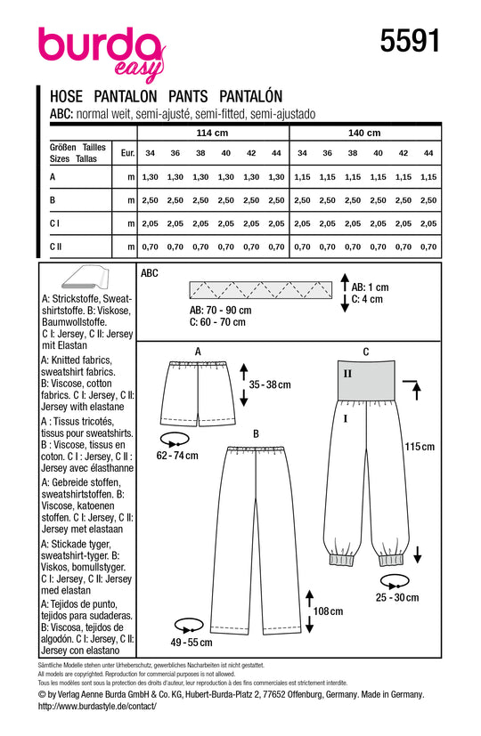 Burda Schnittmuster 5591 – Damen Jogginghose, Pyjamahose & Shorts