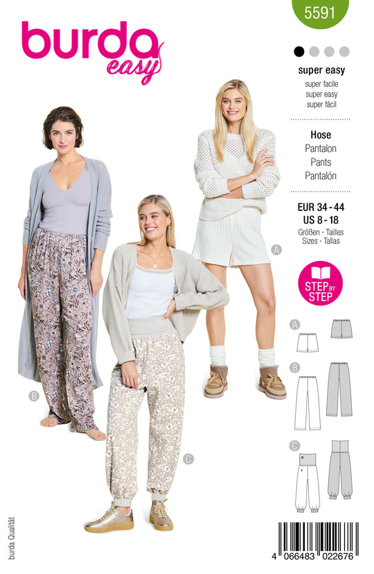 Burda Schnittmuster 5591 – Damen Jogginghose, Pyjamahose & Shorts