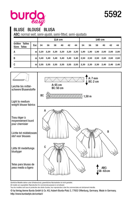 Burda Schnittmuster 5592 – Damen Blusen & Tunika in 3 Varianten