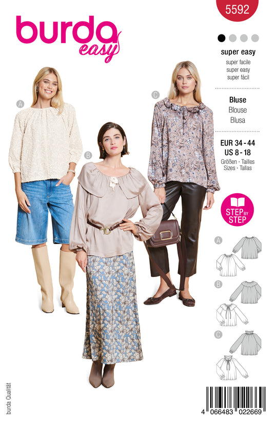 Burda Schnittmuster 5592 – Damen Blusen & Tunika in 3 Varianten