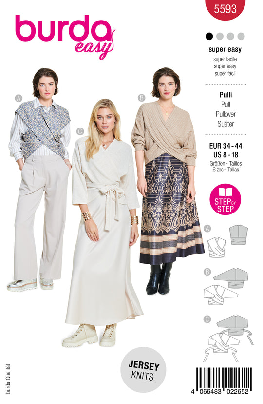Burda Schnittmuster 5593 – Damen Wickelpullover & Pullunder in 3 Varianten
