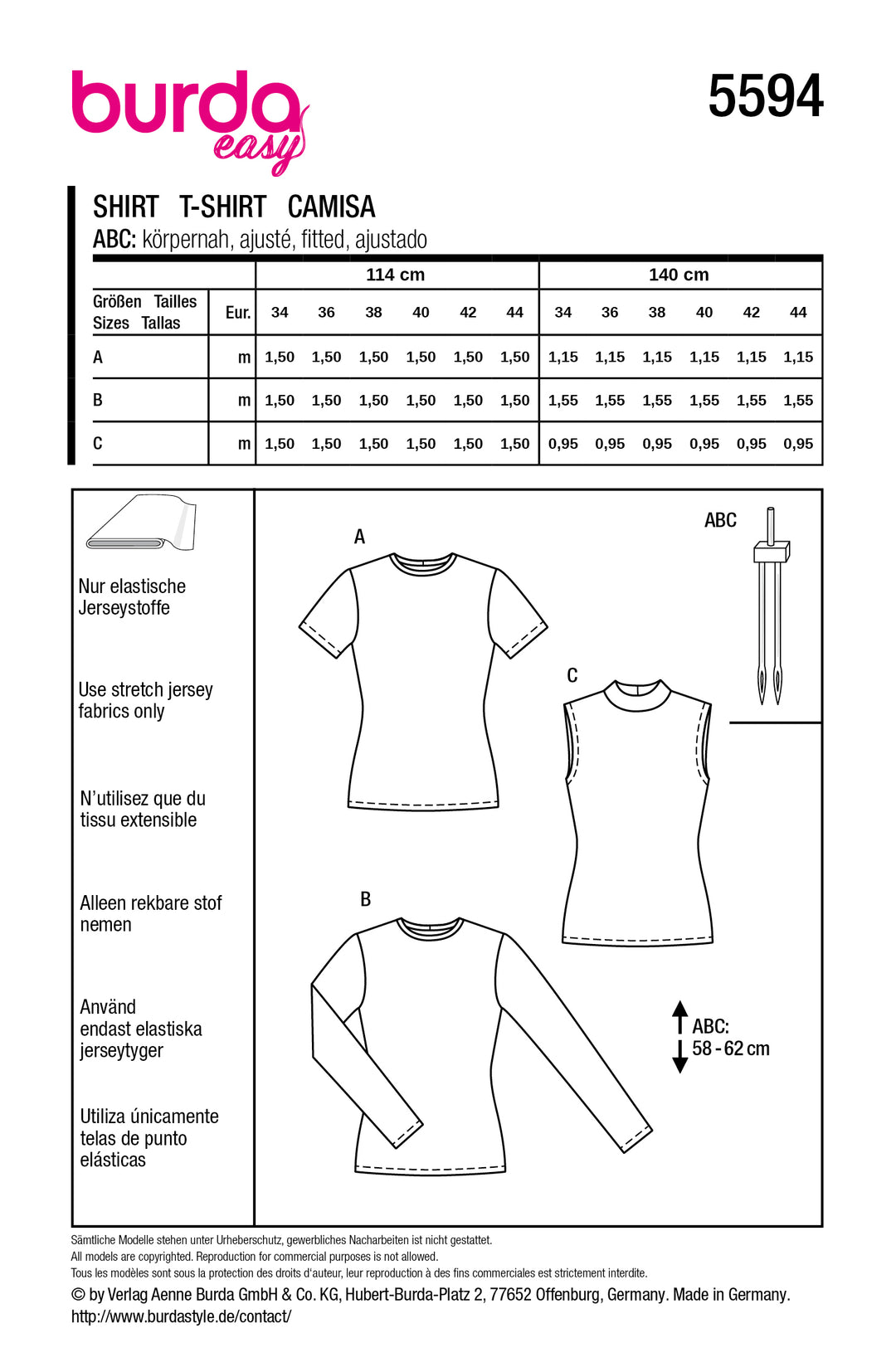 Burda Schnittmuster 5594 Damen Basic-Shirts mit 3 ÄrmellängenBurda Schnittmuster 5594 – Damen Basic-Shirts Kurzarm, Langarm & ärmellos