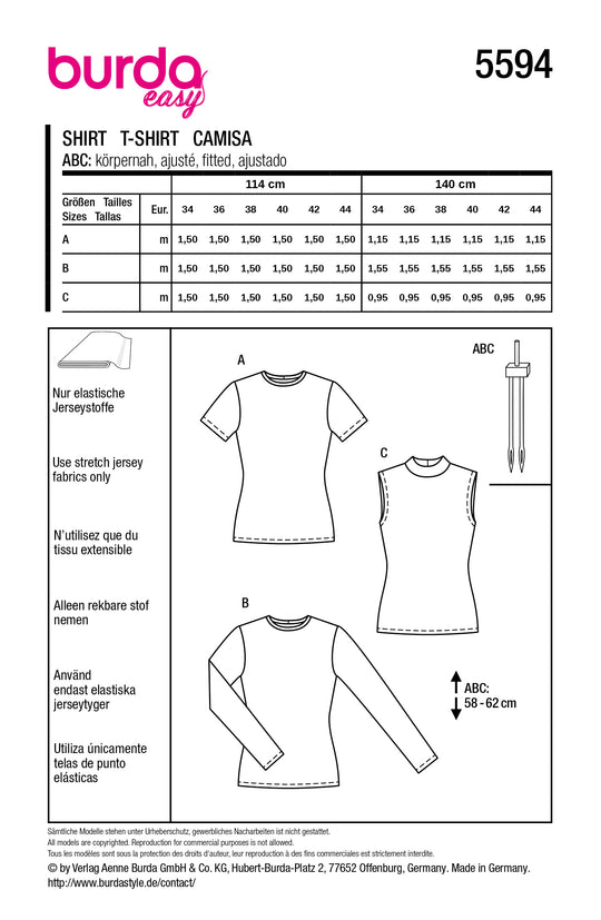 Burda Schnittmuster 5594 Damen Basic-Shirts mit 3 ÄrmellängenBurda Schnittmuster 5594 – Damen Basic-Shirts Kurzarm, Langarm & ärmellos