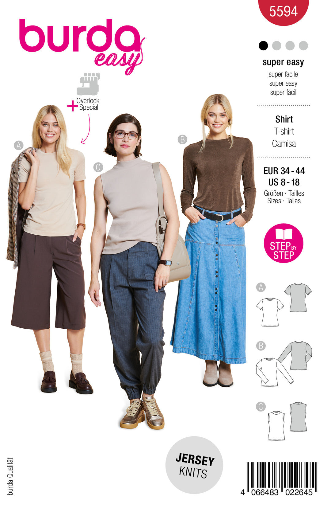 Burda Schnittmuster 5594 Damen Basic-Shirts mit 3 ÄrmellängenBurda Schnittmuster 5594 – Damen Basic-Shirts Kurzarm, Langarm & ärmellos