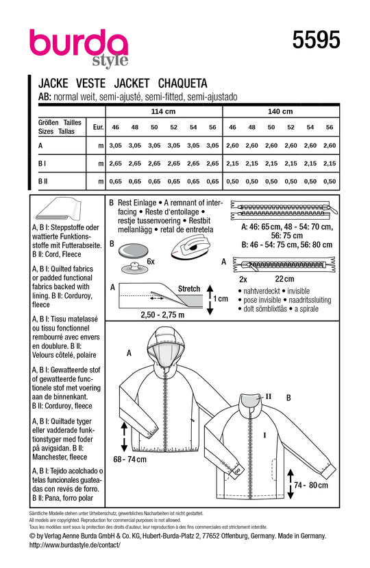 Burda Schnittmuster 5595 – Herren Steppjacke & Skijacke mit Kapuze oder Stehkragen