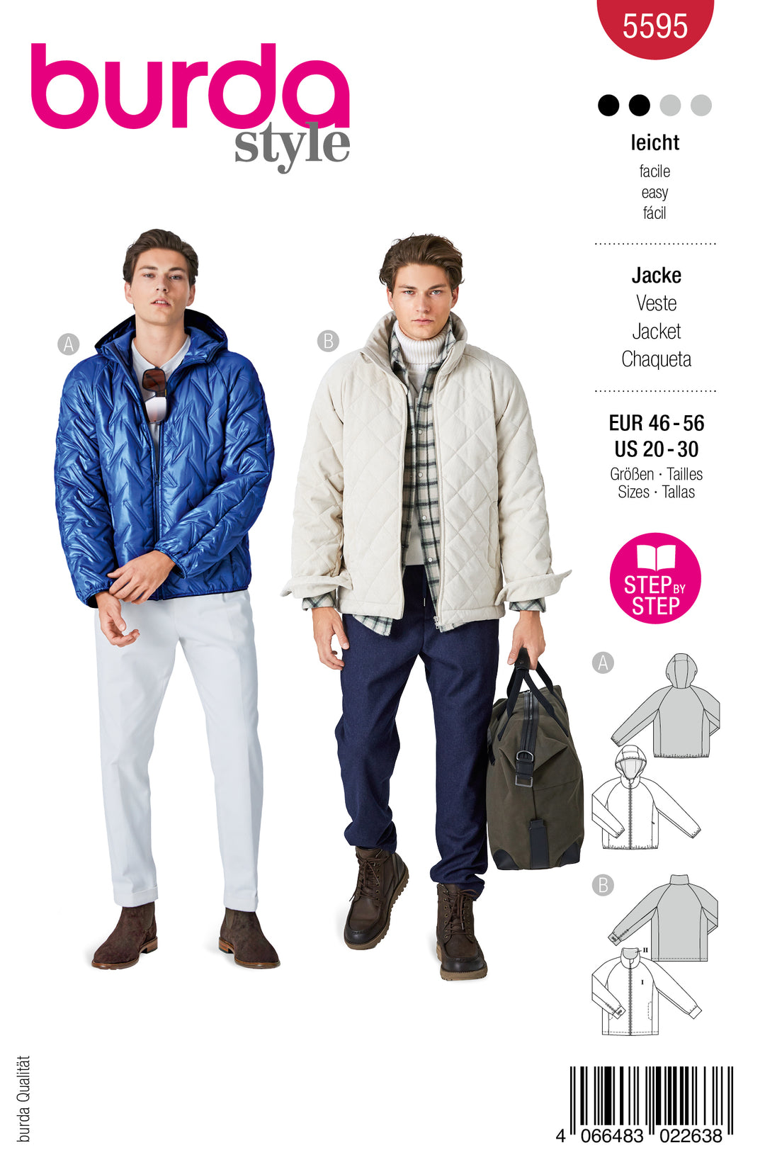 Burda Schnittmuster 5595 – Herren Steppjacke & Skijacke mit Kapuze oder Stehkragen