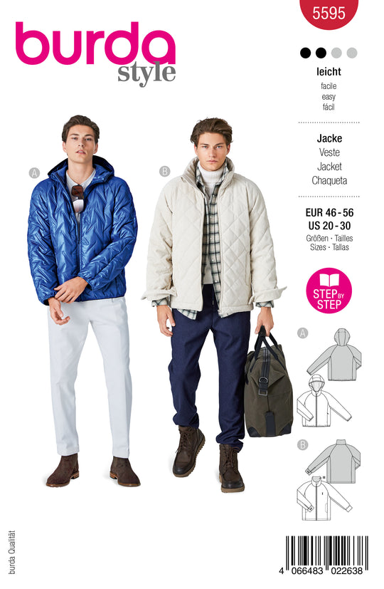 Burda Schnittmuster 5595 – Herren Steppjacke & Skijacke mit Kapuze oder Stehkragen
