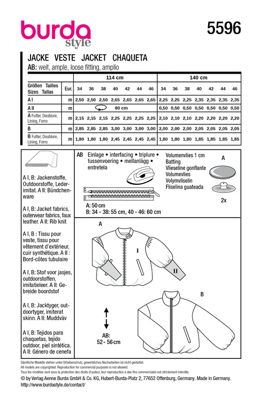 Burda Schnittmuster 5596 – Damen Bomberjacke & Blouson in 2 Varianten