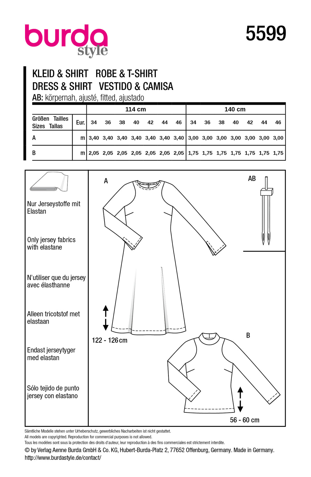 Burda Schnittmuster 5599 – Damen Midi-Schlupfkleid & Lamé-Shirt