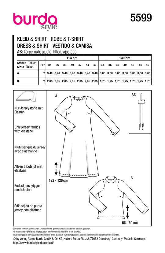 Burda Schnittmuster 5599 – Damen Midi-Schlupfkleid & Lamé-Shirt