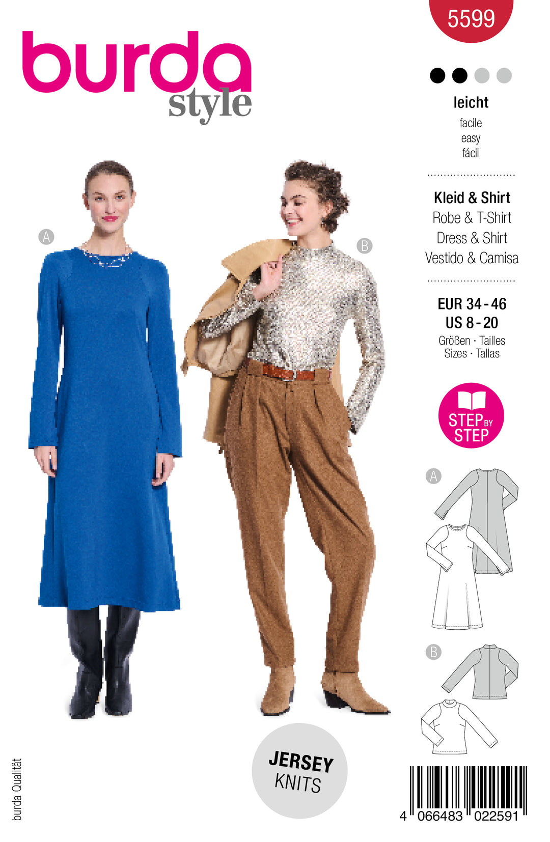 Burda Schnittmuster 5599 – Damen Midi-Schlupfkleid & Lamé-Shirt