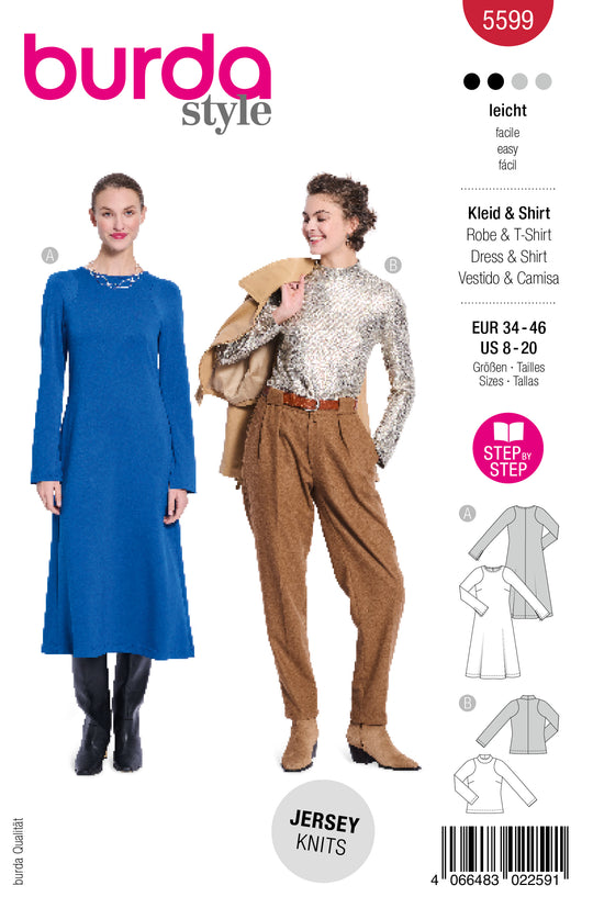 Burda Schnittmuster 5599 – Damen Midi-Schlupfkleid & Lamé-Shirt