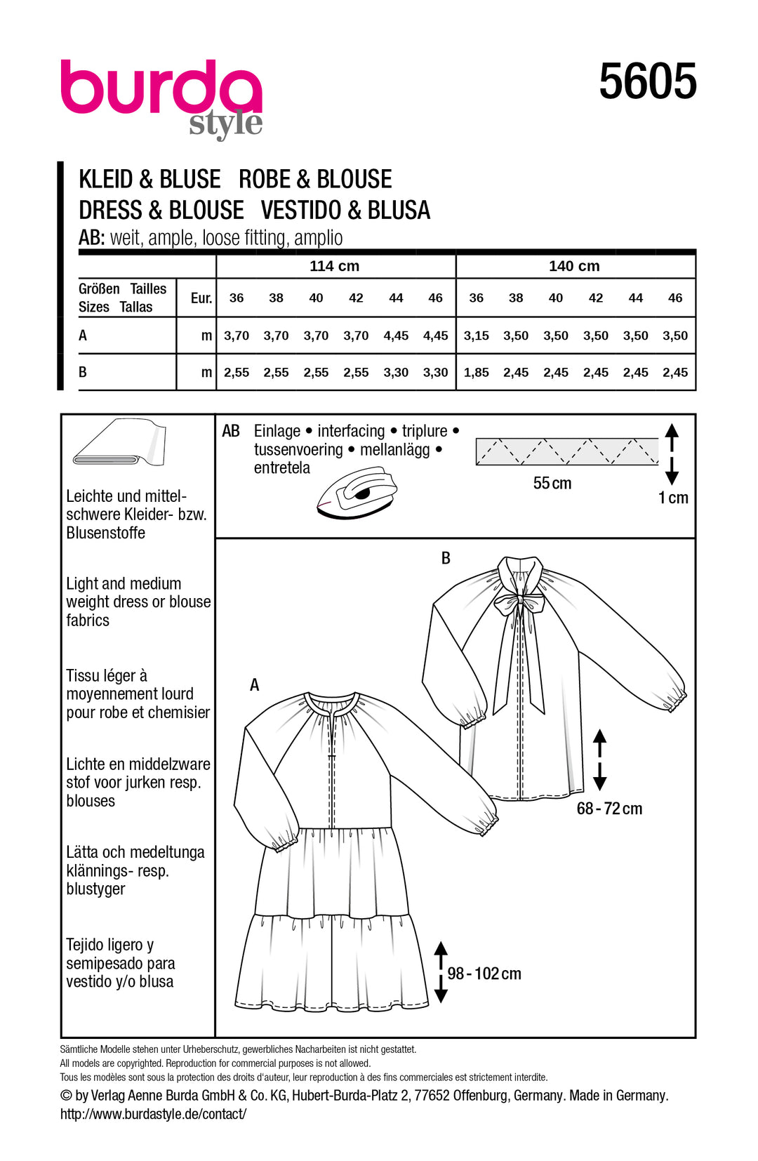 Burda Schnittmuster 5605 Damen Volantkleid & SchluppenbluseBurda Schnittmuster 5605 – Damen Volantkleid & Schluppenbluse mit Raglanärmeln