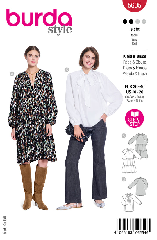 Burda Schnittmuster 5605 Damen Volantkleid & SchluppenbluseBurda Schnittmuster 5605 – Damen Volantkleid & Schluppenbluse mit Raglanärmeln