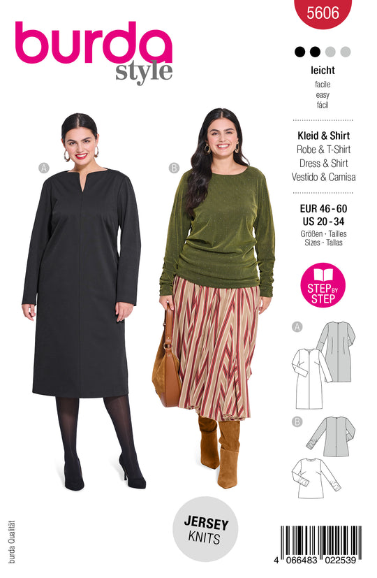Burda Schnittmuster 5606 – Damen Midi-Kleid & Langarmshirt aus Jersey