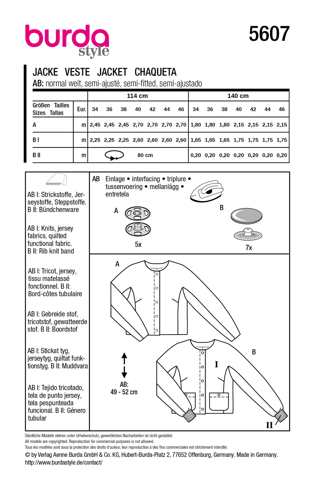 Burda Schnittmuster 5607 – Damen Kurzjacke & Steppjacke mit Druckknöpfen