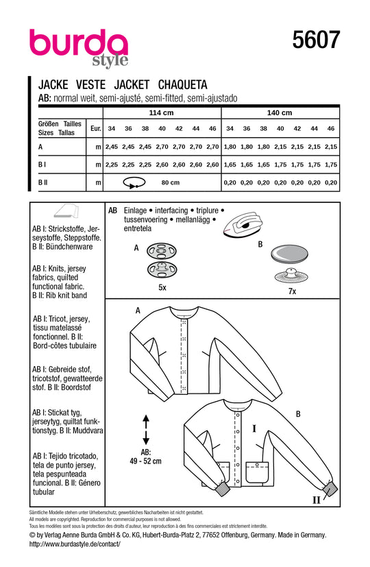 Burda Schnittmuster 5607 – Damen Kurzjacke & Steppjacke mit Druckknöpfen