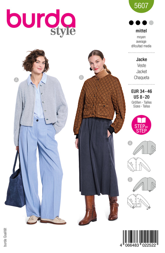 Burda Schnittmuster 5607 – Damen Kurzjacke & Steppjacke mit Druckknöpfen