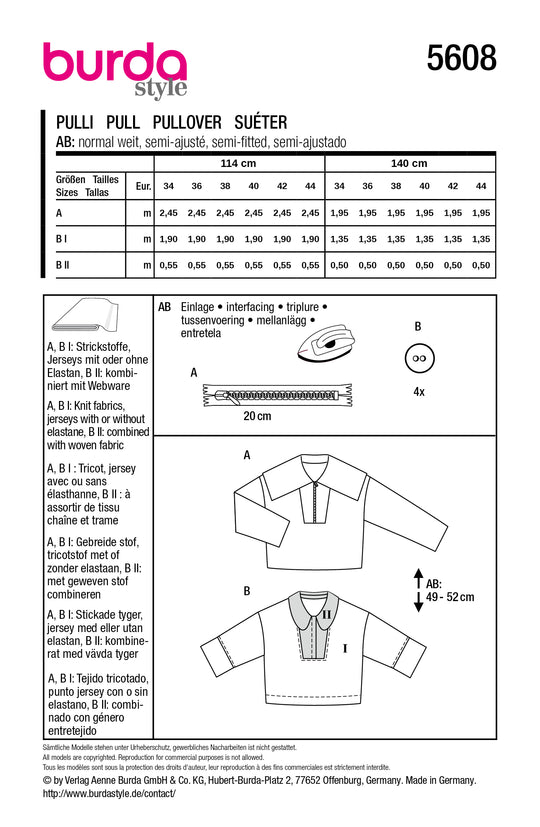 Burda Schnittmuster 5608 – Damen Boxy Pullover mit Kragenvarianten