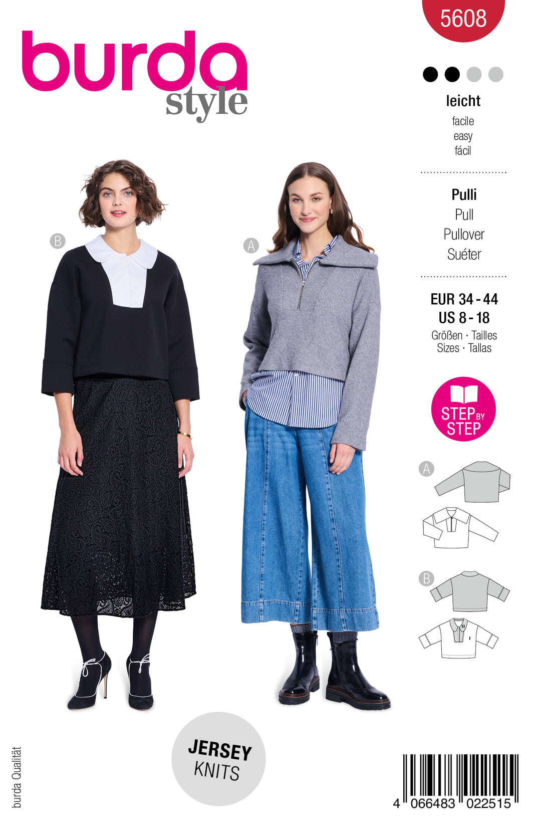 Burda Schnittmuster 5608 – Damen Boxy Pullover mit Kragenvarianten
