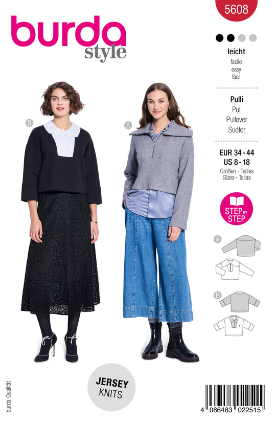 Burda Schnittmuster 5608 – Damen Boxy Pullover mit Kragenvarianten