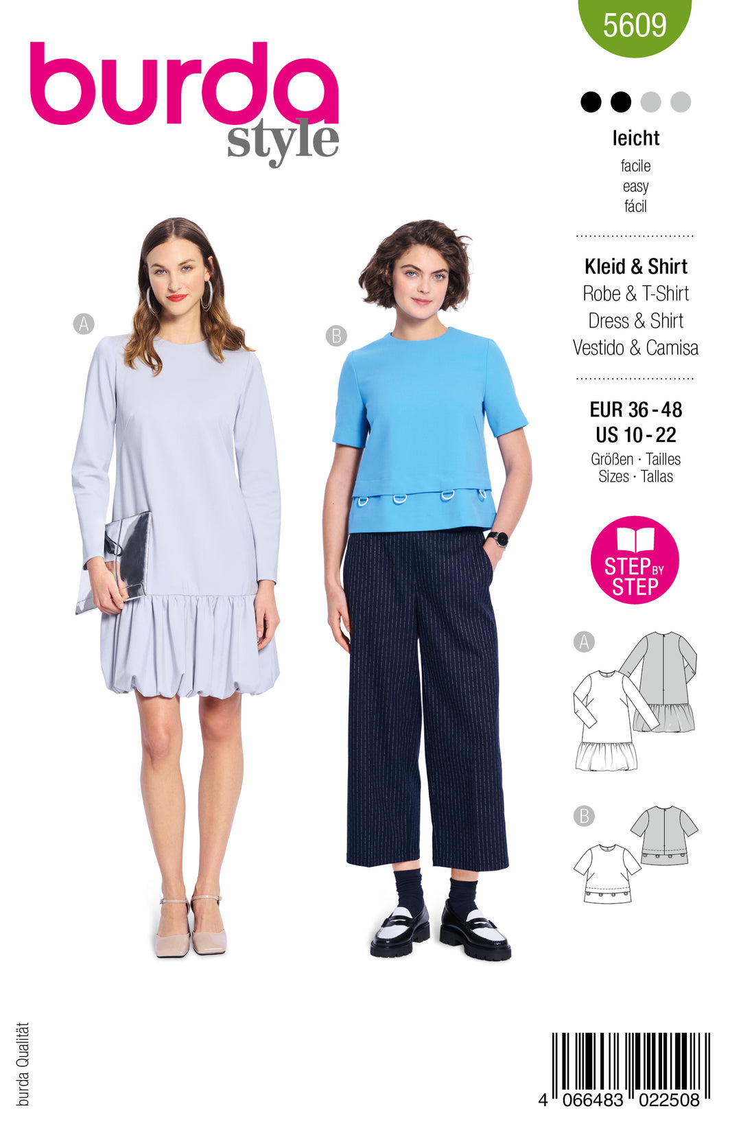 Burda Schnittmuster 5609 – Damen Kleid mit Ballonrock & Kurzarm-Shirt