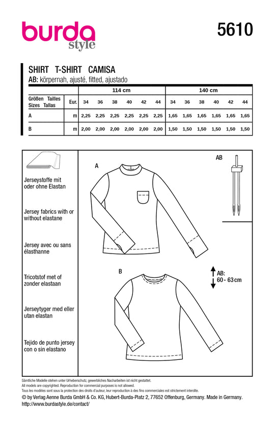 Burda Schnittmuster 5610 – Damen Longsleeve & Basic-Shirt aus Jersey