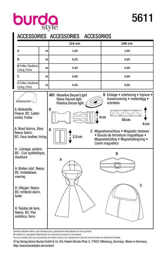 Burda Schnittmuster 5611 – Damen Hobo-Tasche, Kapuzenschal & Kummerbund-Gürtel