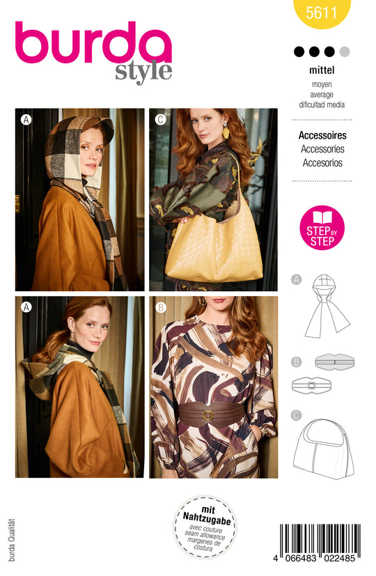 Burda Schnittmuster 5611 – Damen Hobo-Tasche, Kapuzenschal & Kummerbund-Gürtel