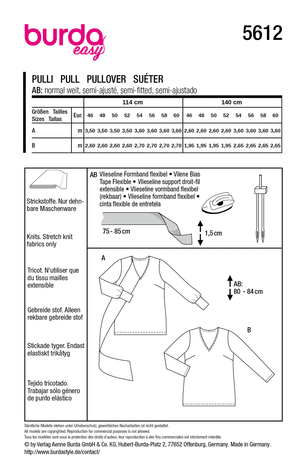 Burda Schnittmuster 5612 – Damen Pullover mit V-Ausschnitt & Schalkragen Gr. 46–60