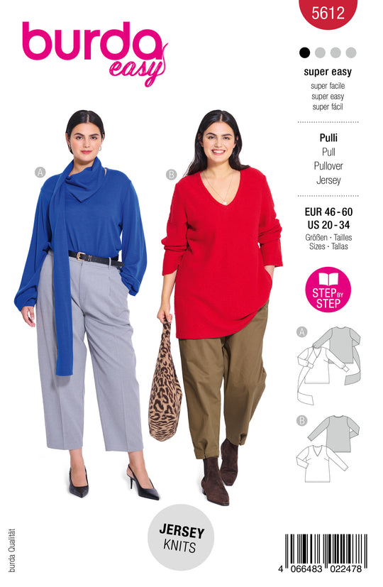 Burda Schnittmuster 5612 – Damen Pullover mit V-Ausschnitt & Schalkragen Gr. 46–60